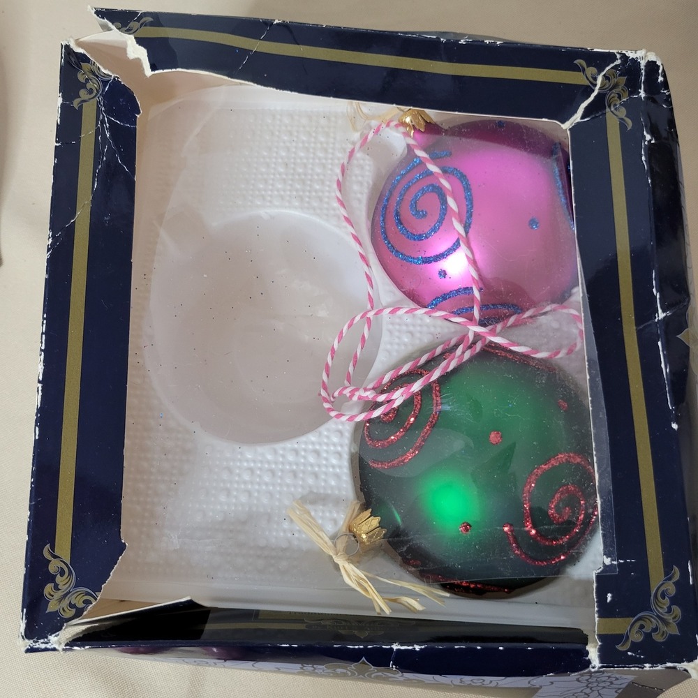 Kurt S Adler Kringle Glass Ornaments Pink Green Glitter Swirl Poland GP2512